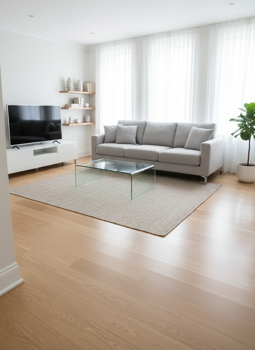 A spotless, modern living room interior just after a professional cleaning, with a light gray fabric sofa, glass coffee table, and gleaming oak floorboards free of any dust or clutter. Freshly vacuumed carpet edges meet perfectly wiped white baseboards, and every surface, from a minimalist TV unit to decorative shelves, has a subtle, clean sheen. Soft daylight enters through large, streak-free windows with sheer white curtains, creating bright, even illumination and gentle, realistic shadows. Photographic realism at eye level, wide-angle composition with sharp focus throughout, conveying a professional, trustworthy cleaning service that specializes in apartments and homes, with a calm, hygienic, and inviting atmosphere.